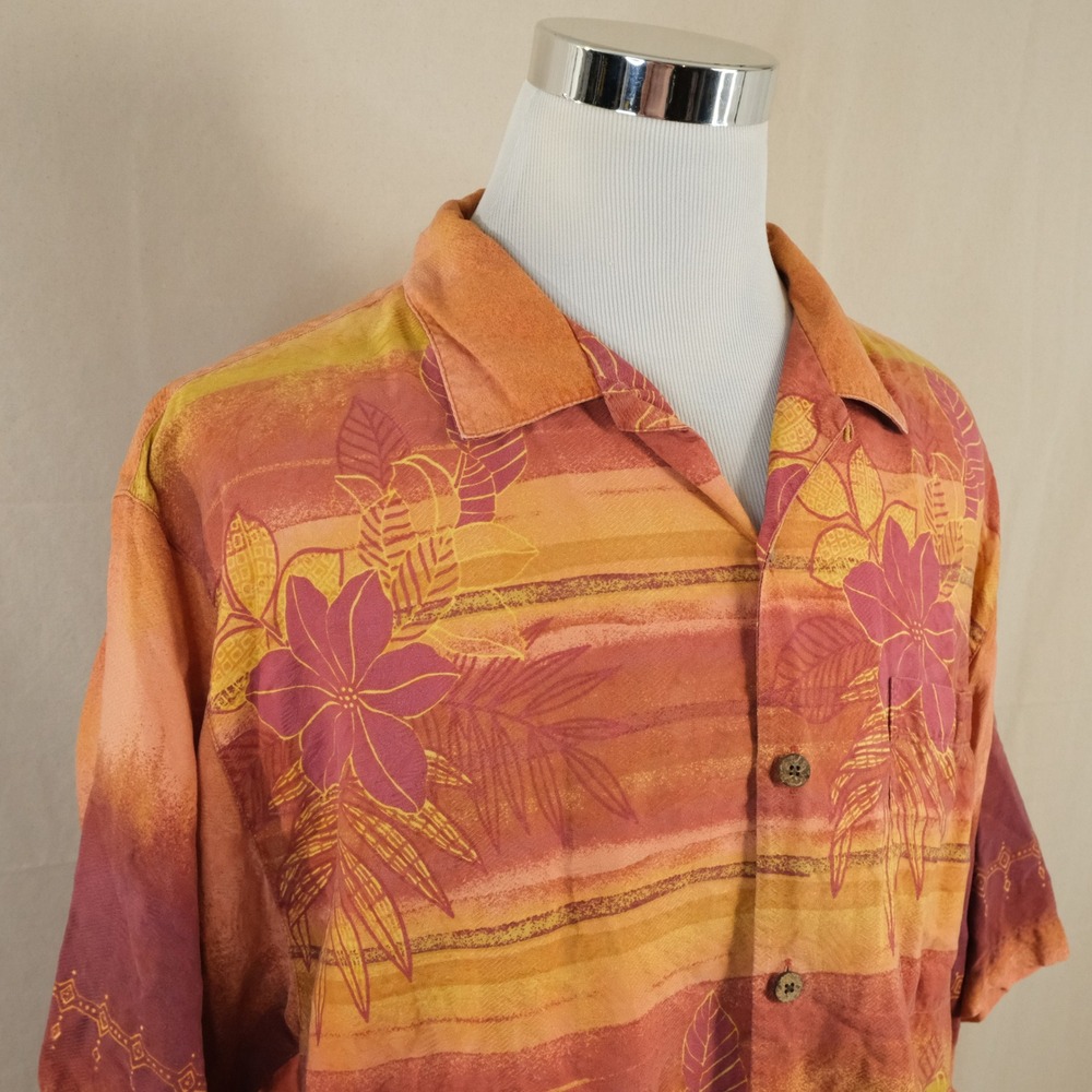 Tommy Bahama XL Hawaiian Aloha Shirt Orange Red Floral Sunset 100% Silk Mens
